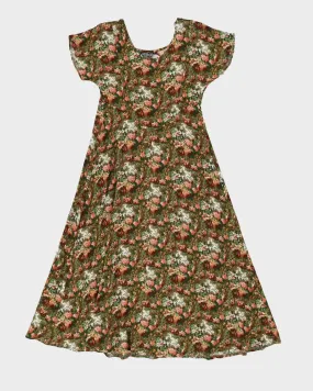 00s Brown And Green Floral Midi Dress - XS