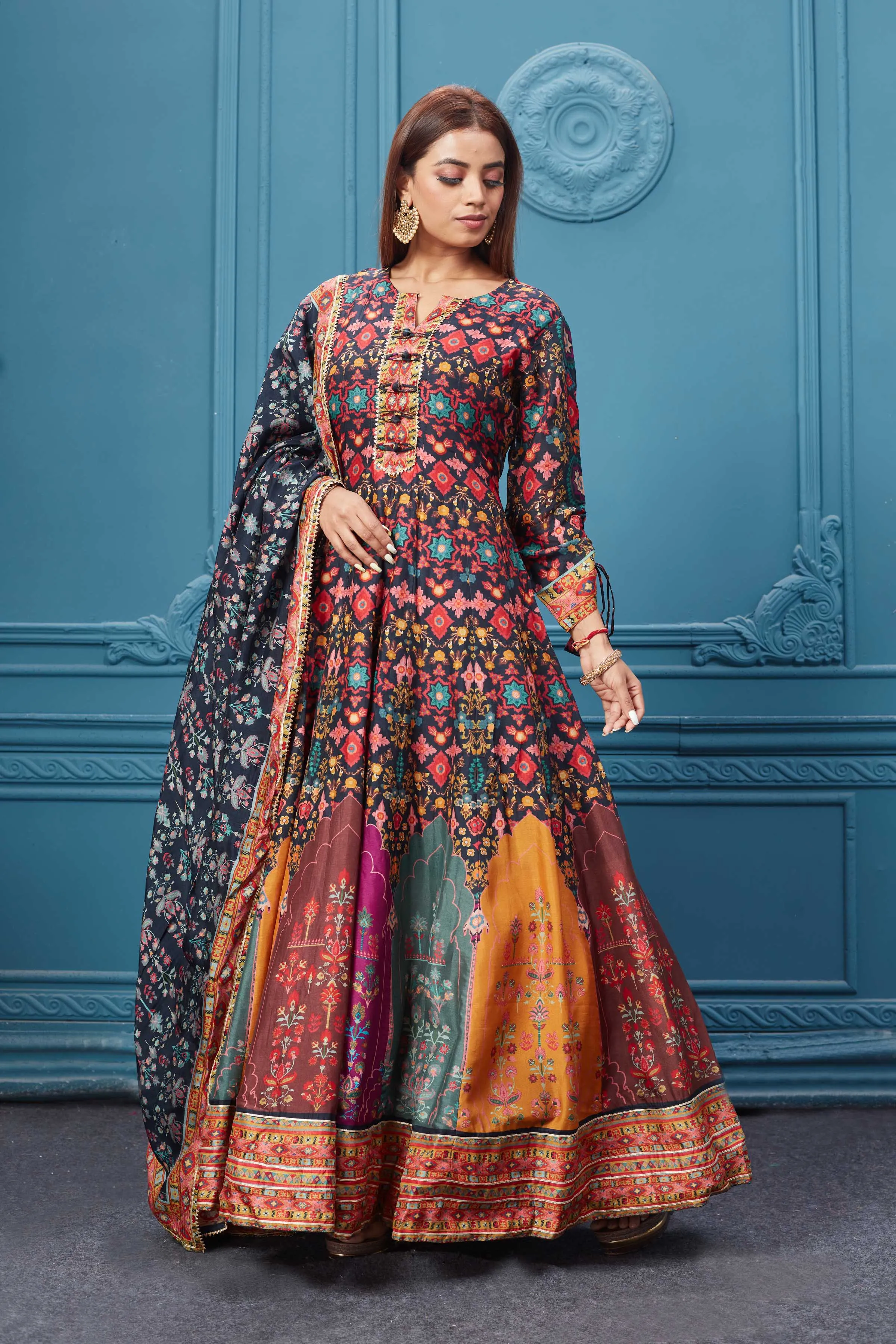 510024 Multicolor Printed Anarkali Suit With Black Dupatta