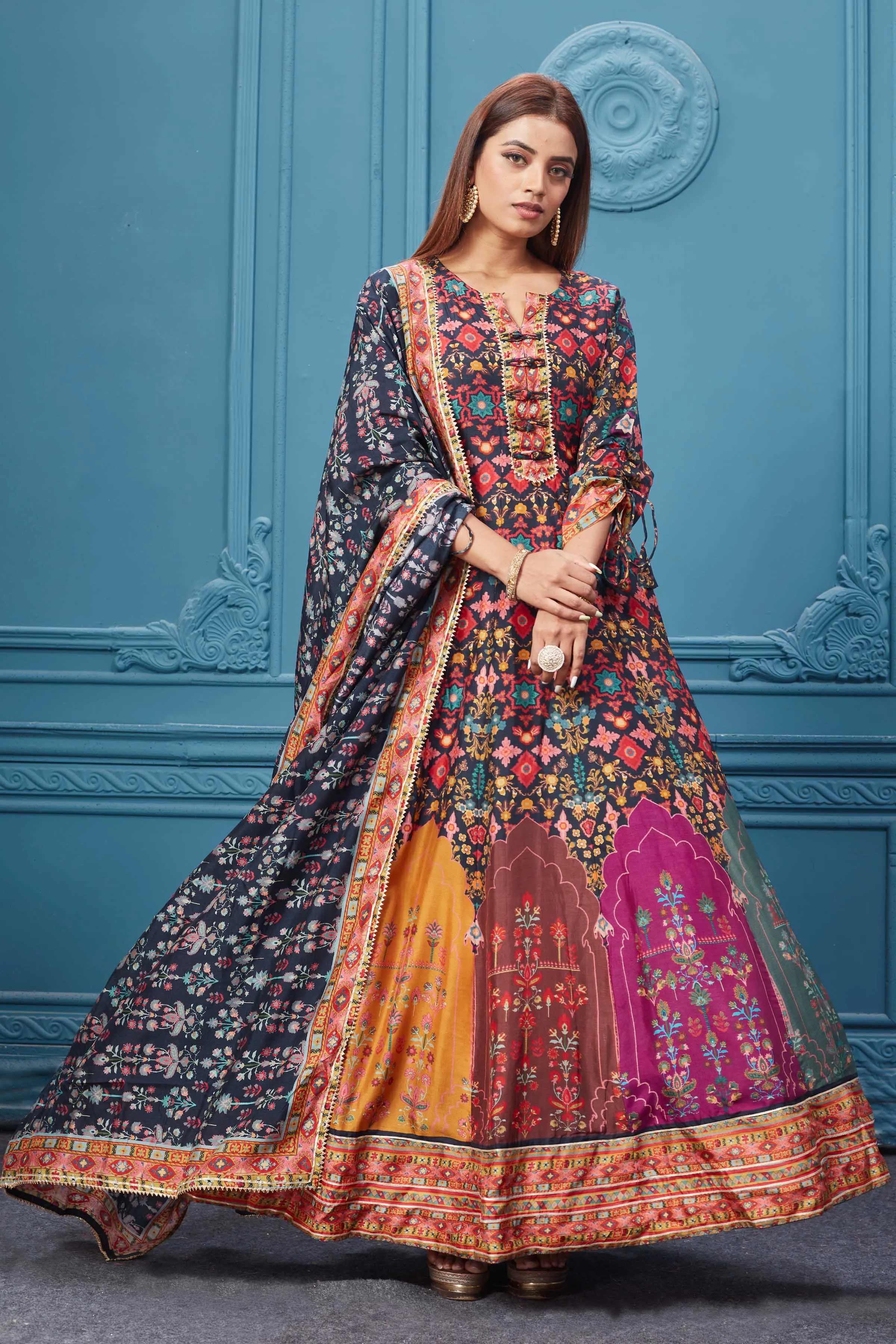 510024 Multicolor Printed Anarkali Suit With Black Dupatta