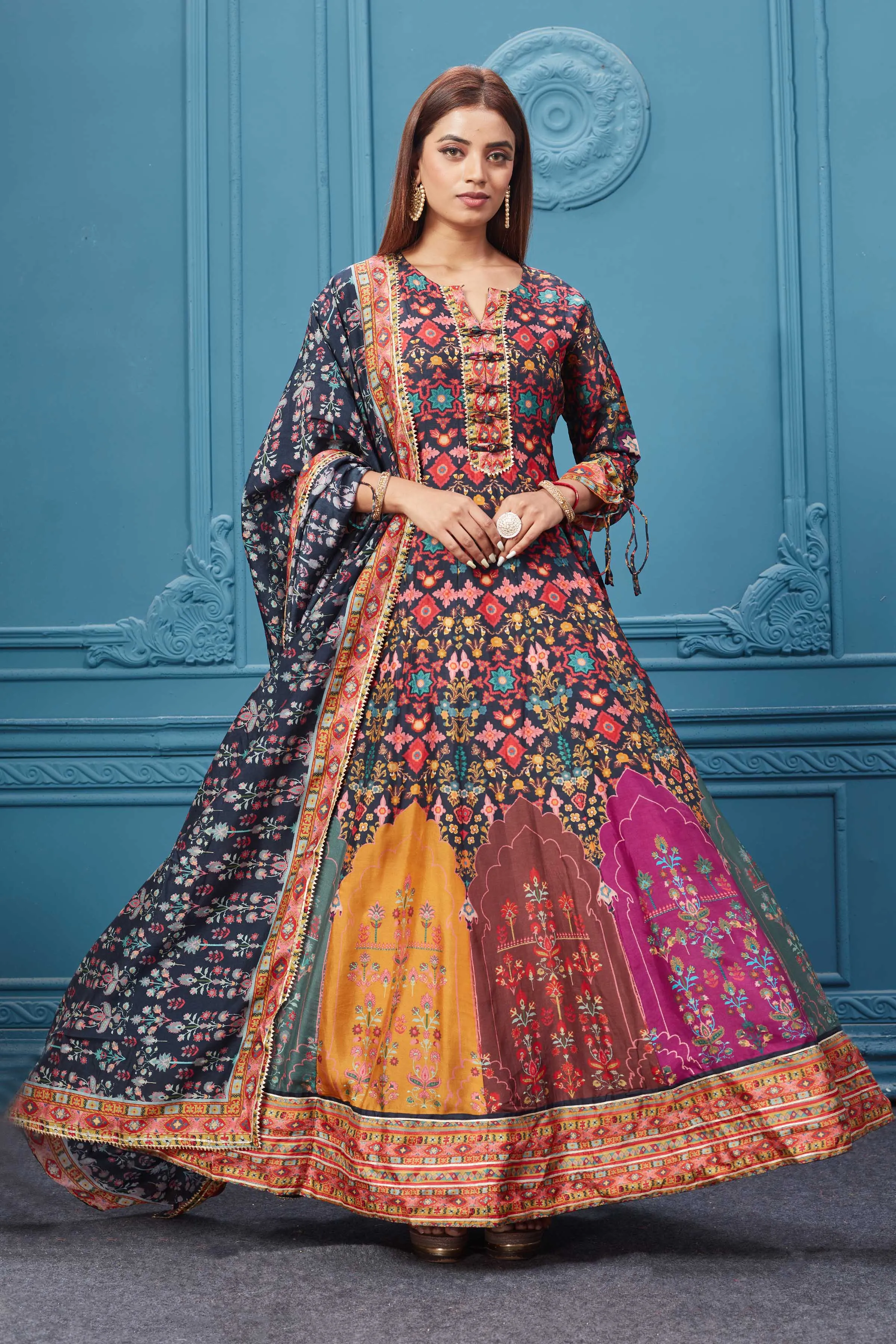 510024 Multicolor Printed Anarkali Suit With Black Dupatta