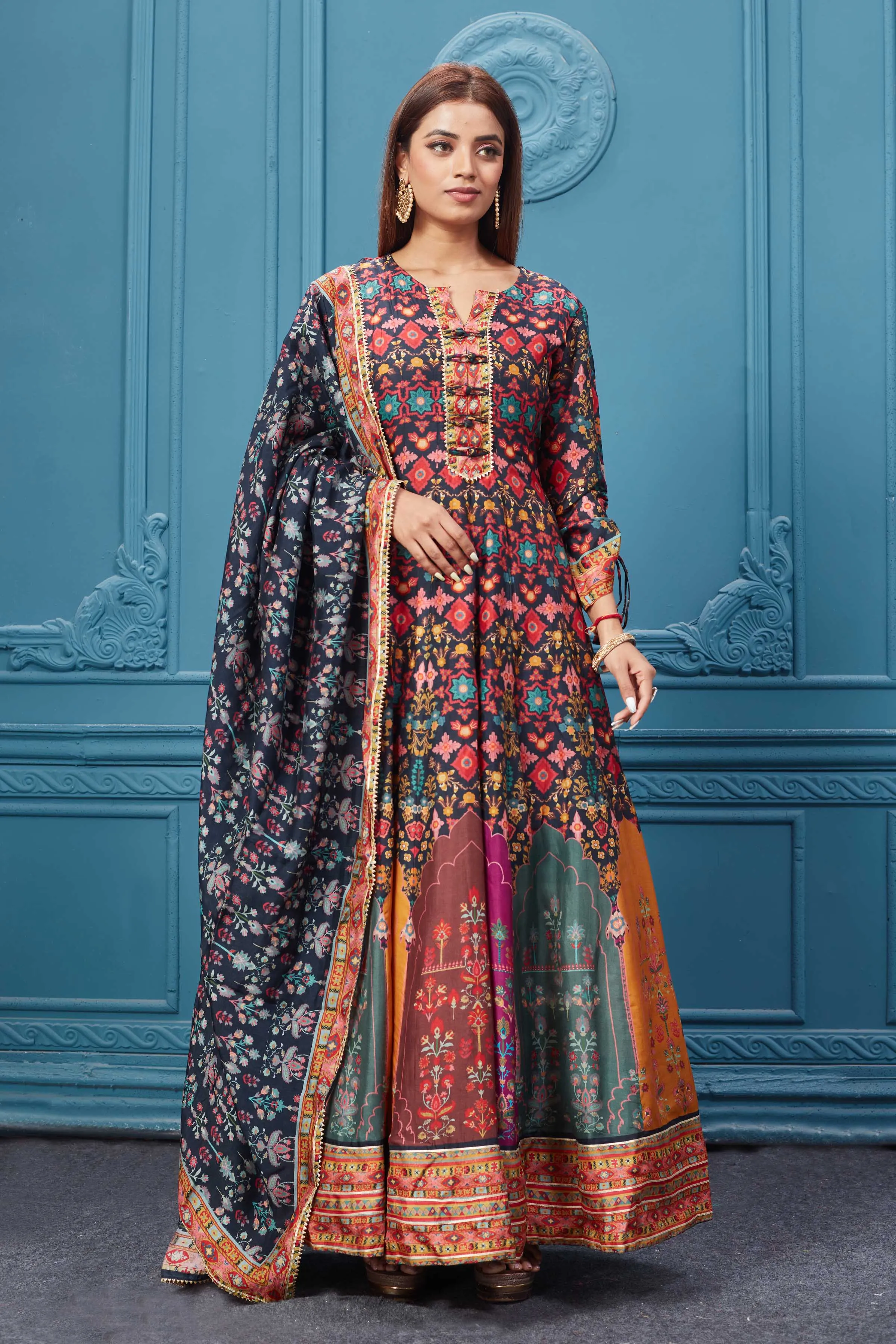 510024 Multicolor Printed Anarkali Suit With Black Dupatta