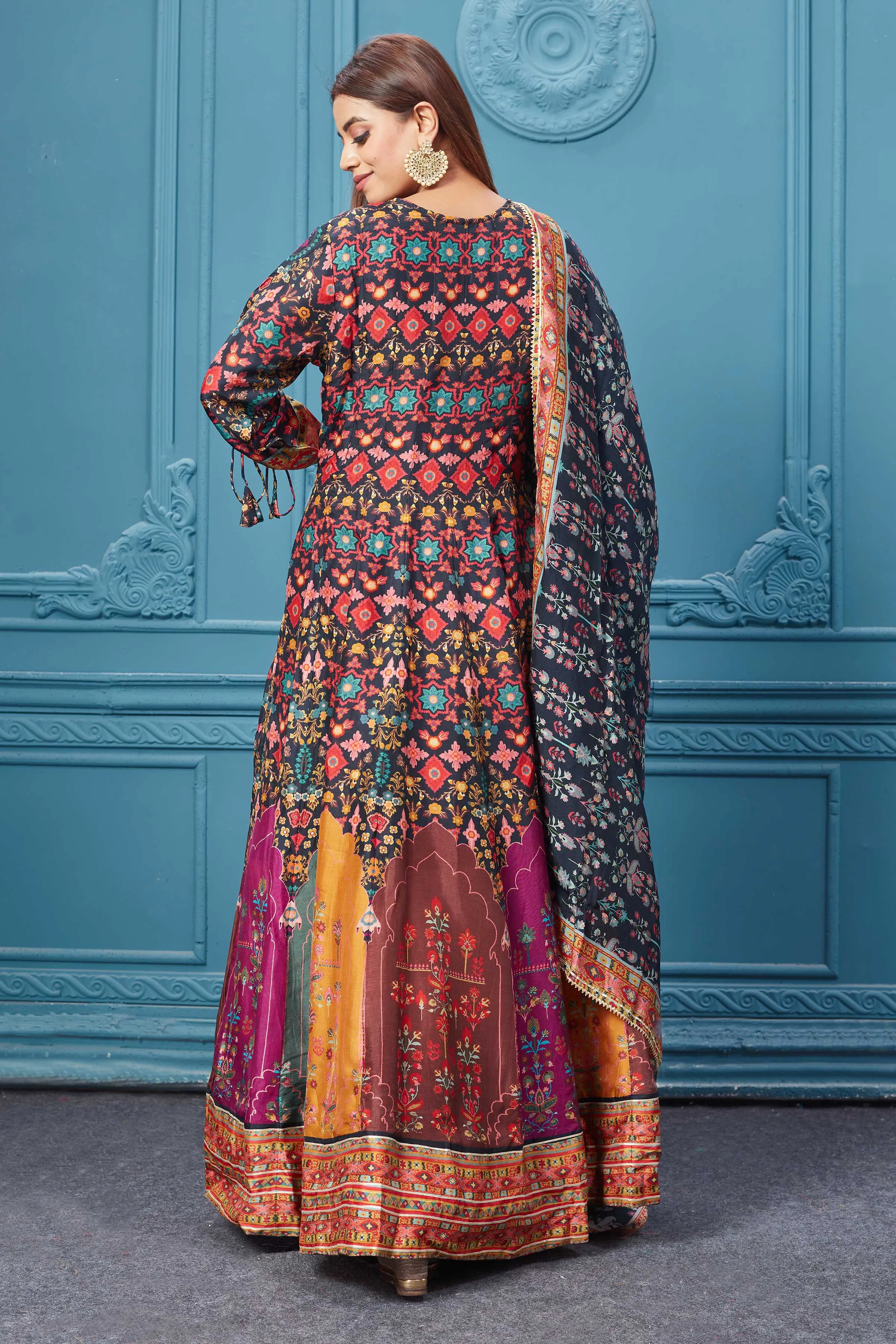 510024 Multicolor Printed Anarkali Suit With Black Dupatta