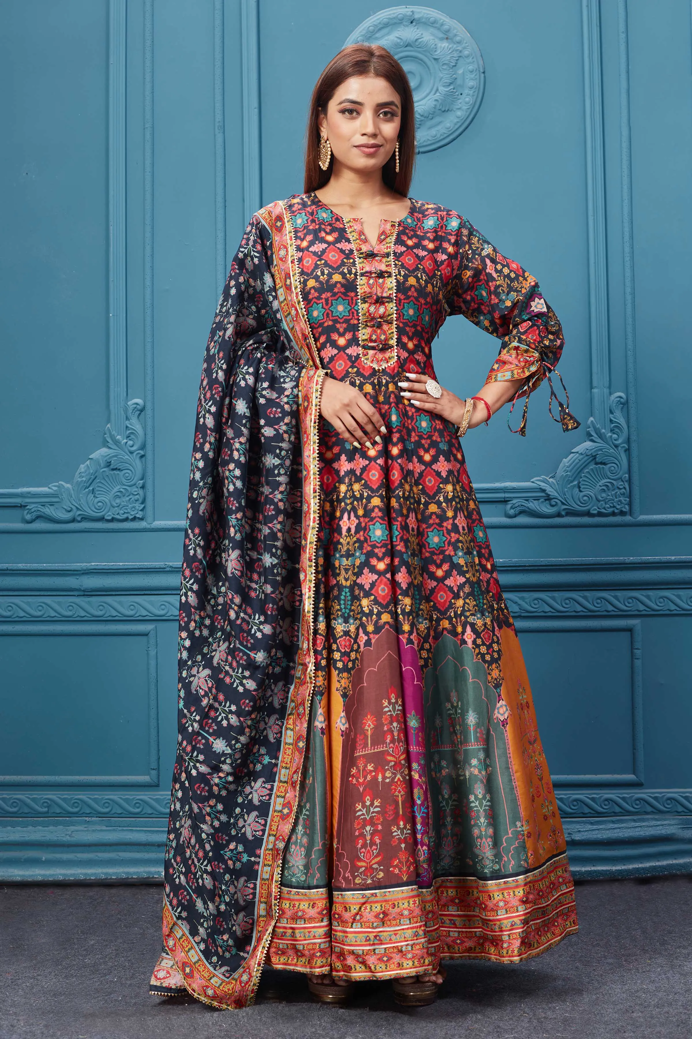 510024 Multicolor Printed Anarkali Suit With Black Dupatta