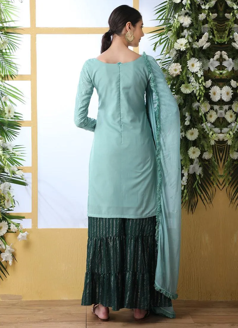 Admirable Light Sea Green Cotton Base Trendy Palazzo Suit