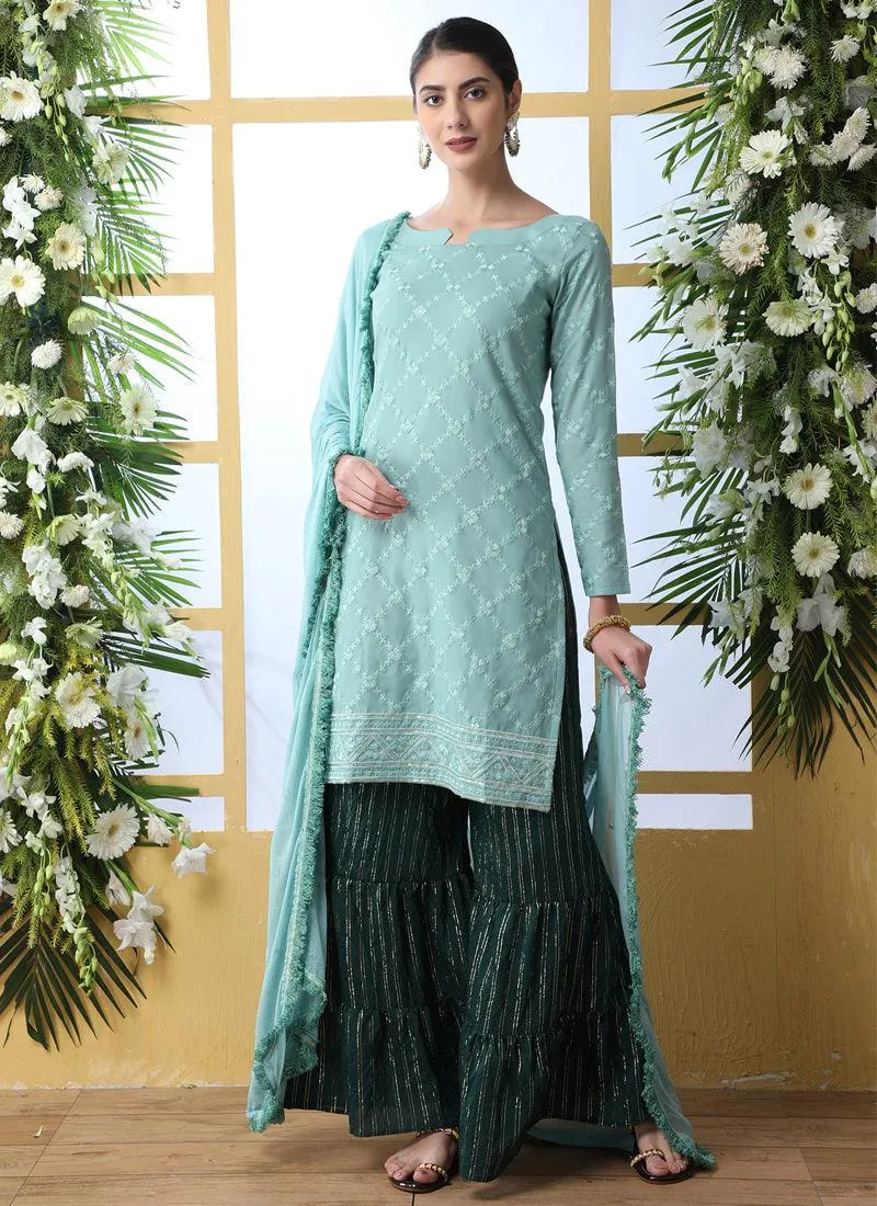 Admirable Light Sea Green Cotton Base Trendy Palazzo Suit