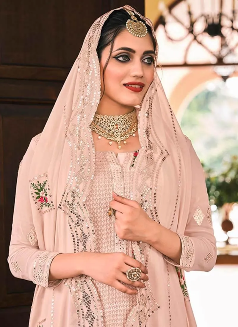 Admirable Peach Color Georgette Fabric Sequins Work Palazzo Salwar Suit