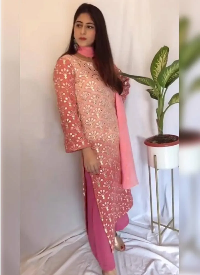 Adorable Peach Pink Georgette Zari And Resham Work Palazzo Suit