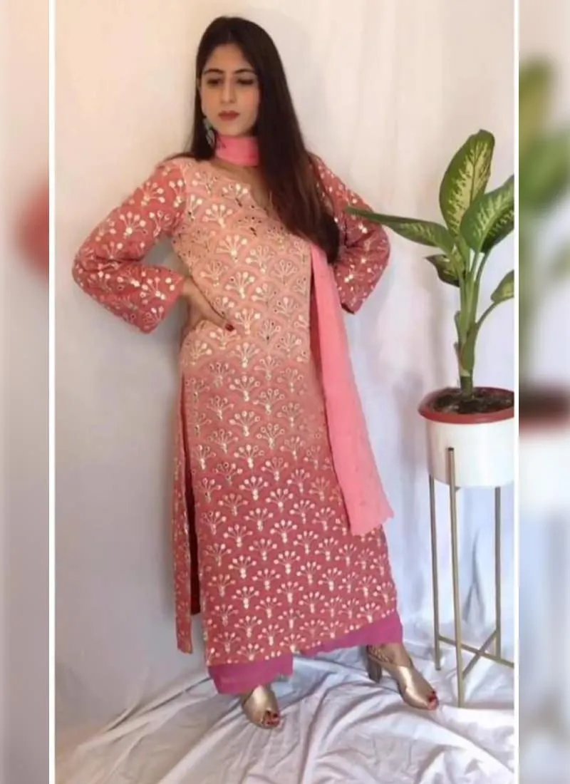 Adorable Peach Pink Georgette Zari And Resham Work Palazzo Suit