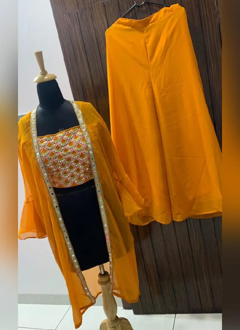 Adorable Yellow Color Palazzo Suit With Foil Mirror Work