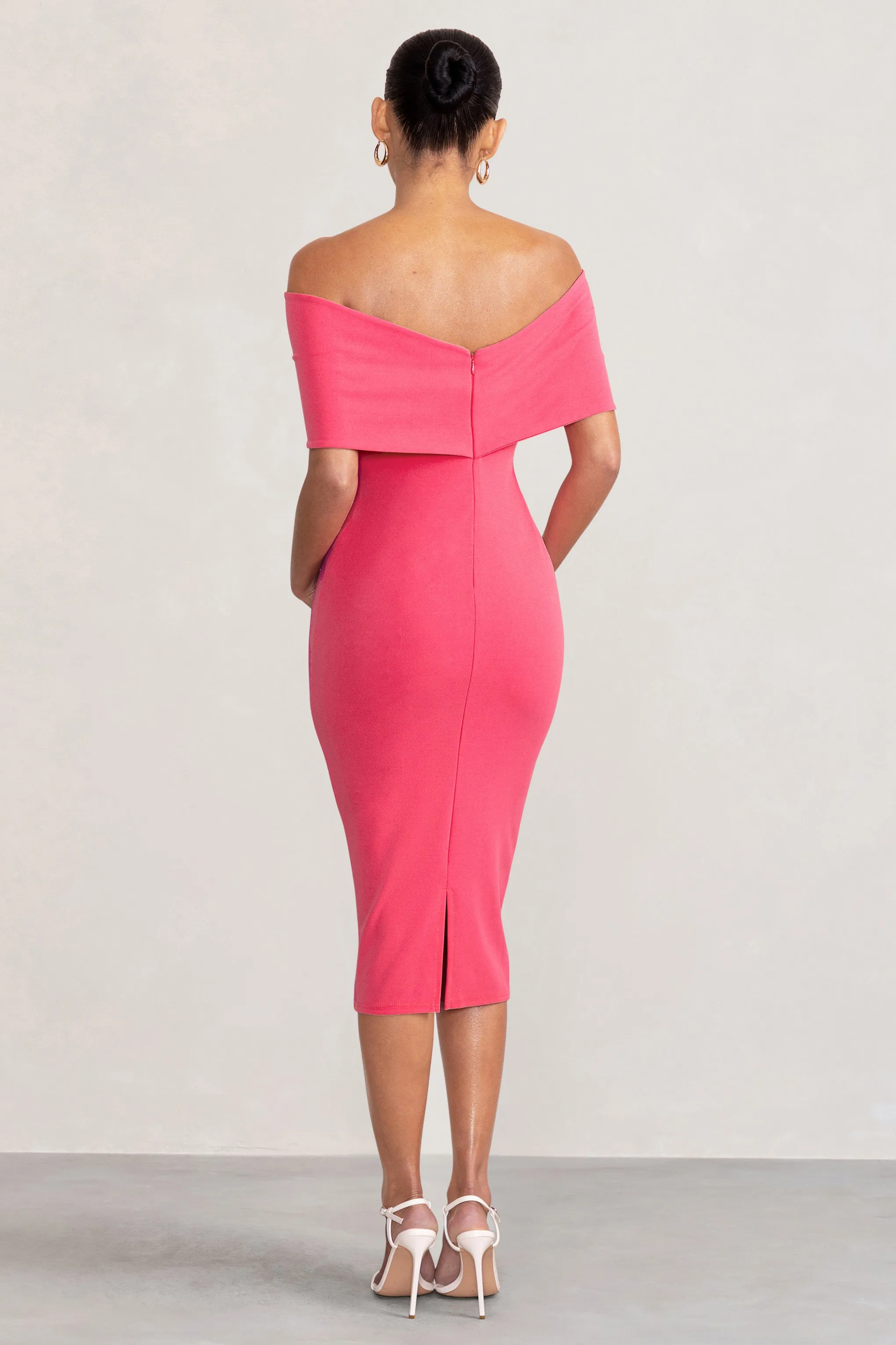 Alyssa | Hot Pink Bardot Bow Maternity Midi Dress with Ruching