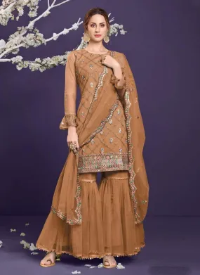 Amazing Light Brown Color Thread And Sequins Work Sharara Salwar Suit