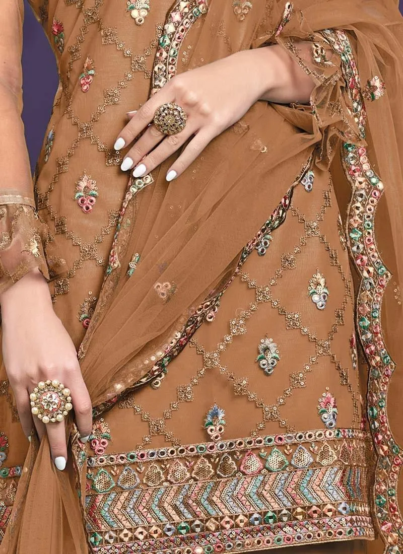 Amazing Light Brown Color Thread And Sequins Work Sharara Salwar Suit