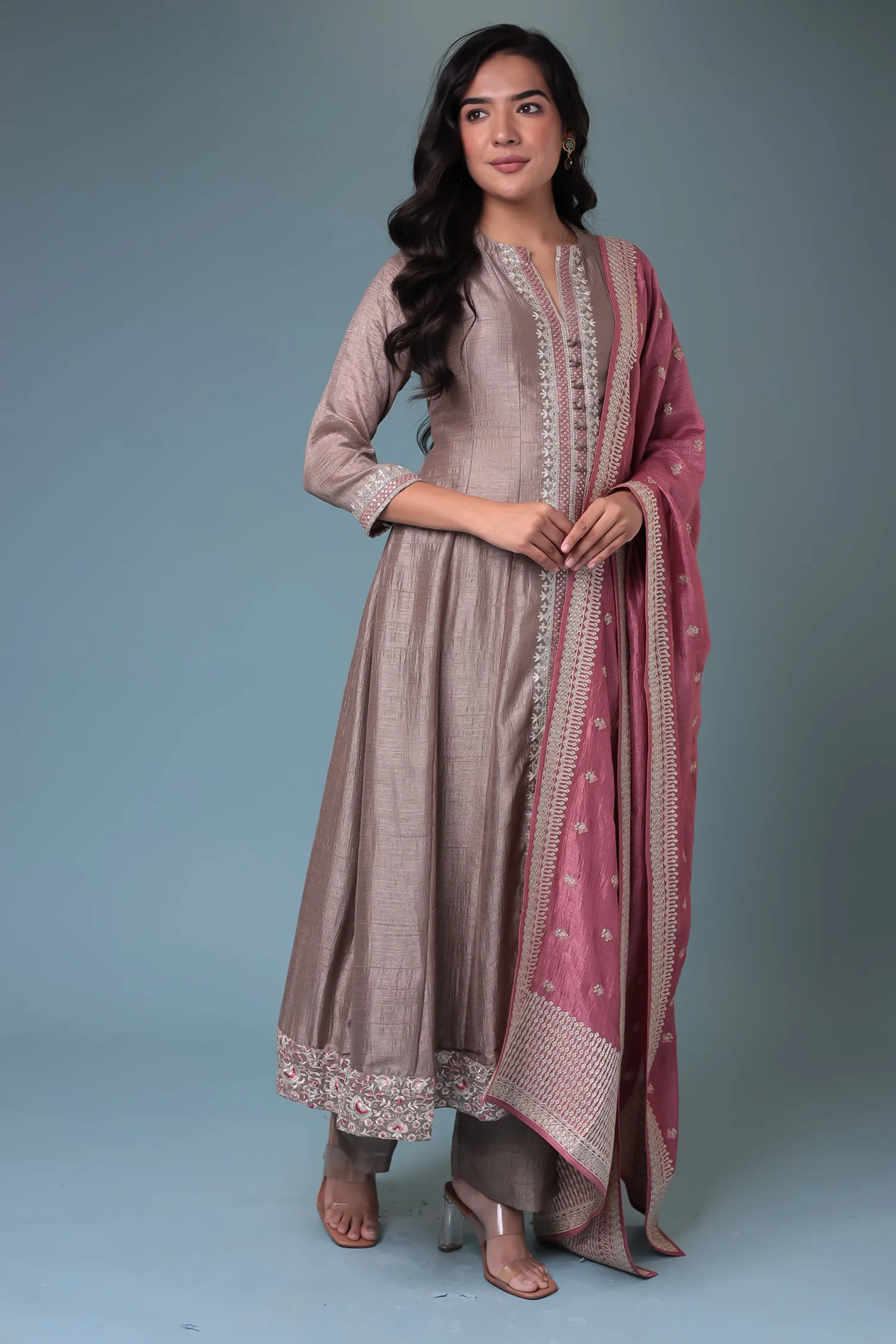 Anarkali Chinon Suit with Embroidered Dupatta