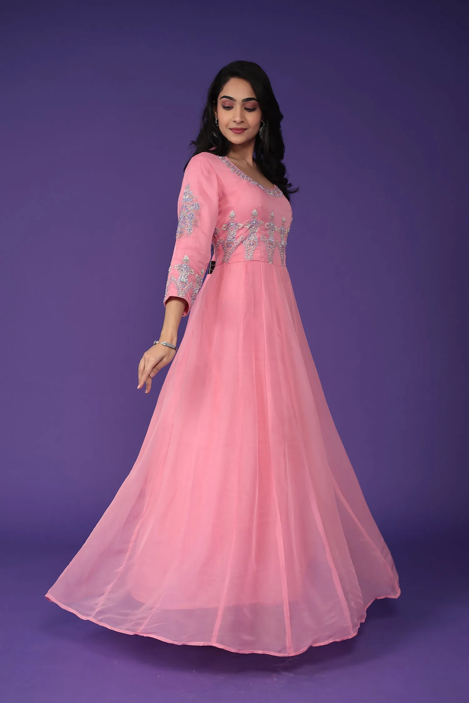 Anarkali Organza Suit Embroidered with Aari and Cutdana work