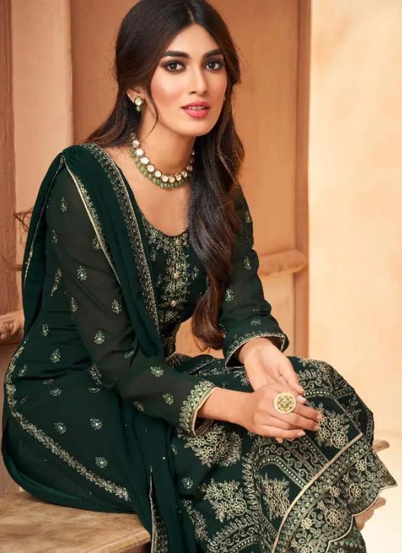 Appealing Look Green Color Georgette Base Zari Work Pant Style Salwar Suit