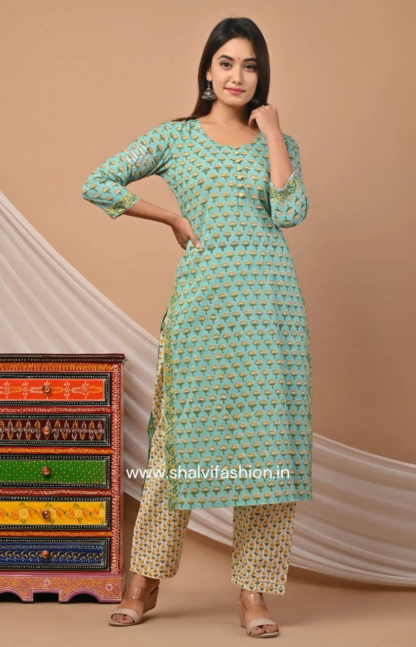 Aqua Blue Hand Block Print Cotton Suit Set with Kota Doria Dupatta (CSS47KD)