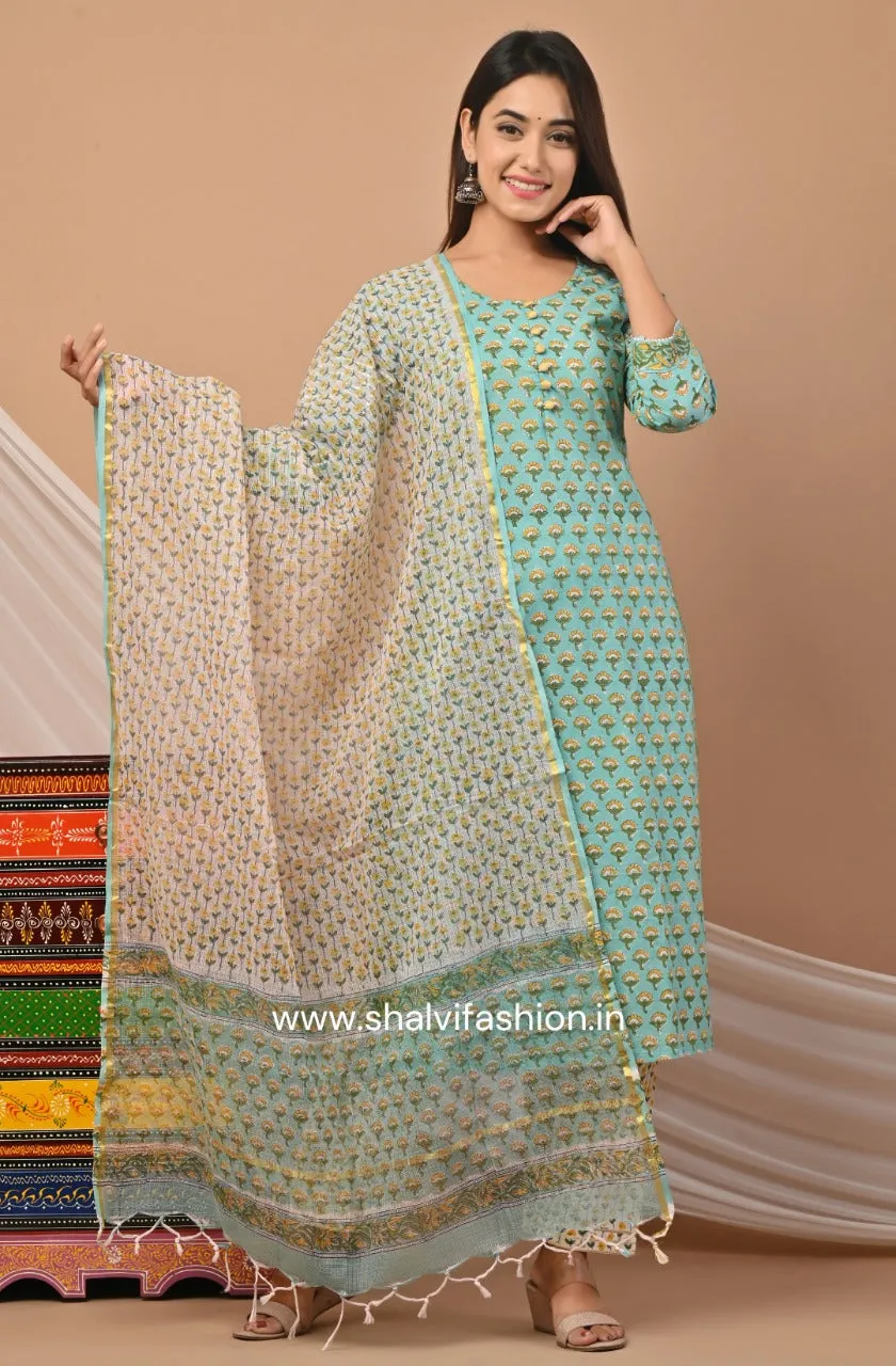 Aqua Blue Hand Block Print Cotton Suit Set with Kota Doria Dupatta (CSS47KD)