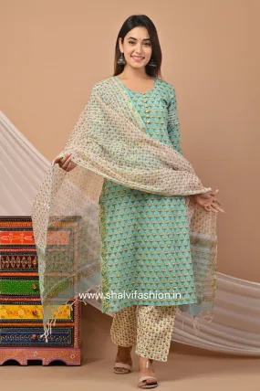 Aqua Blue Hand Block Print Cotton Suit Set with Kota Doria Dupatta (CSS47KD)