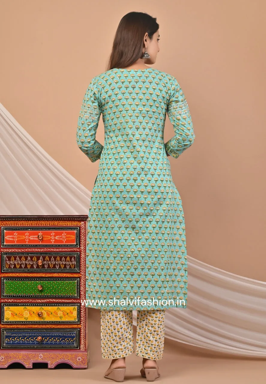 Aqua Blue Hand Block Print Cotton Suit Set with Kota Doria Dupatta (CSS47KD)