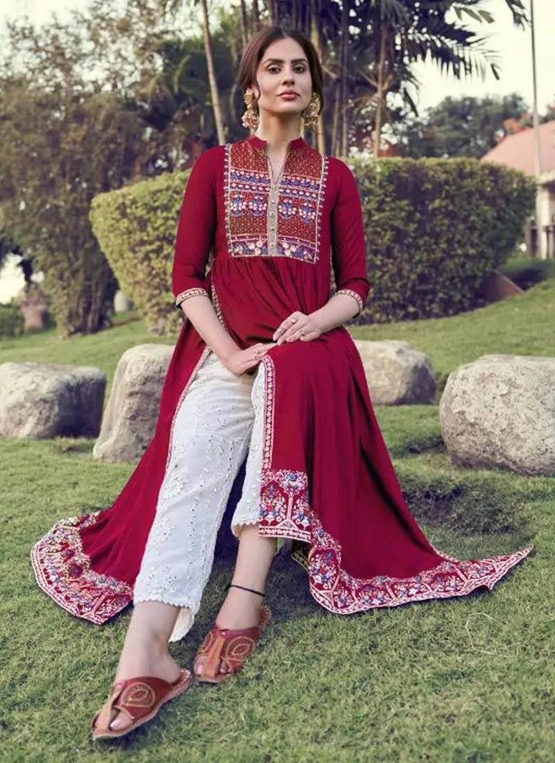 Art Silk Base Resham Work Maroon Color Lucknowi Style Salwar Suit