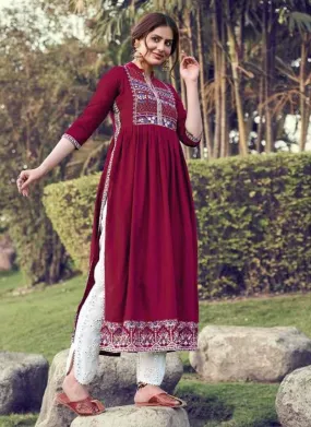 Art Silk Base Resham Work Maroon Color Lucknowi Style Salwar Suit