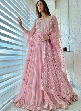 Astonishing Peach Georgette Resham Lace Anarkali Suit