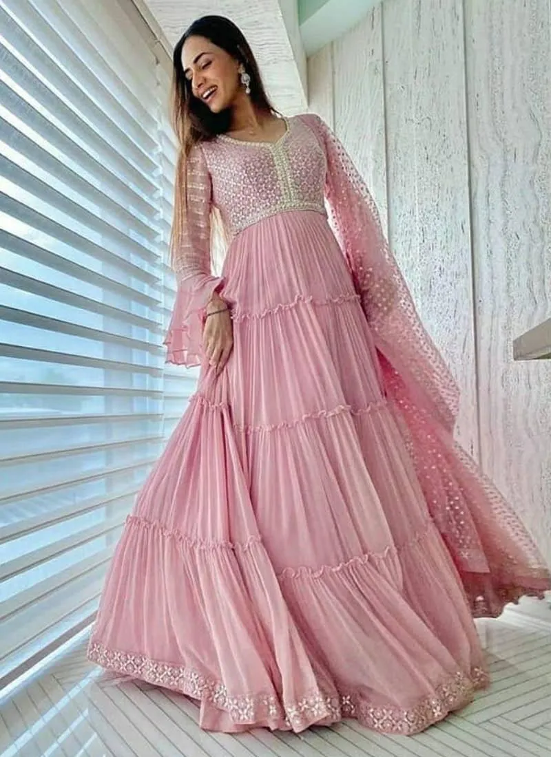 Astonishing Peach Georgette Resham Lace Anarkali Suit