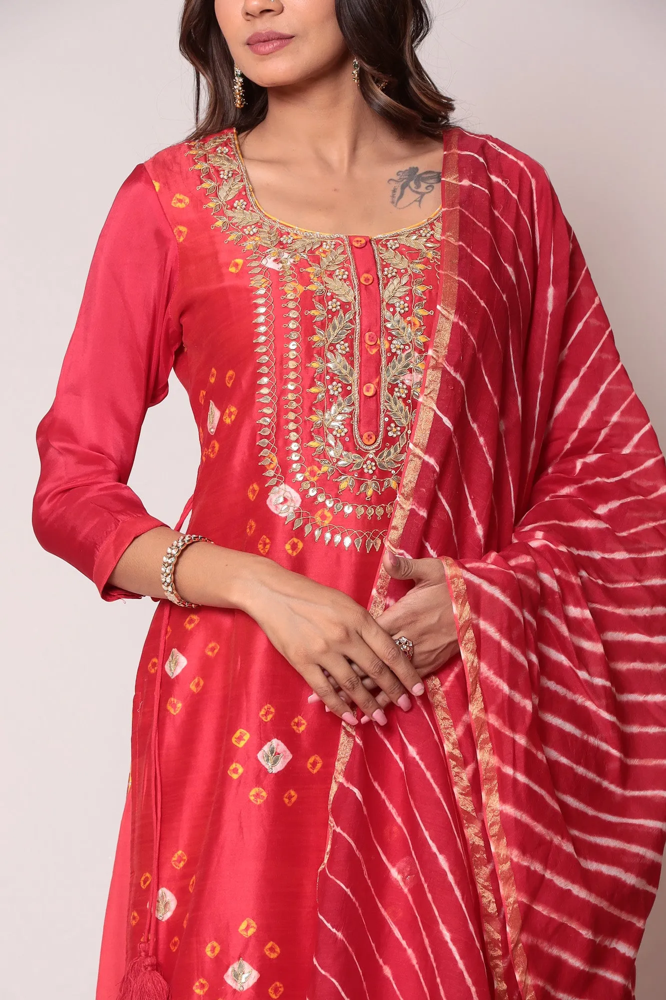 Bandhej Chanderi Gota Patti Suit with Leheriya Dupatta