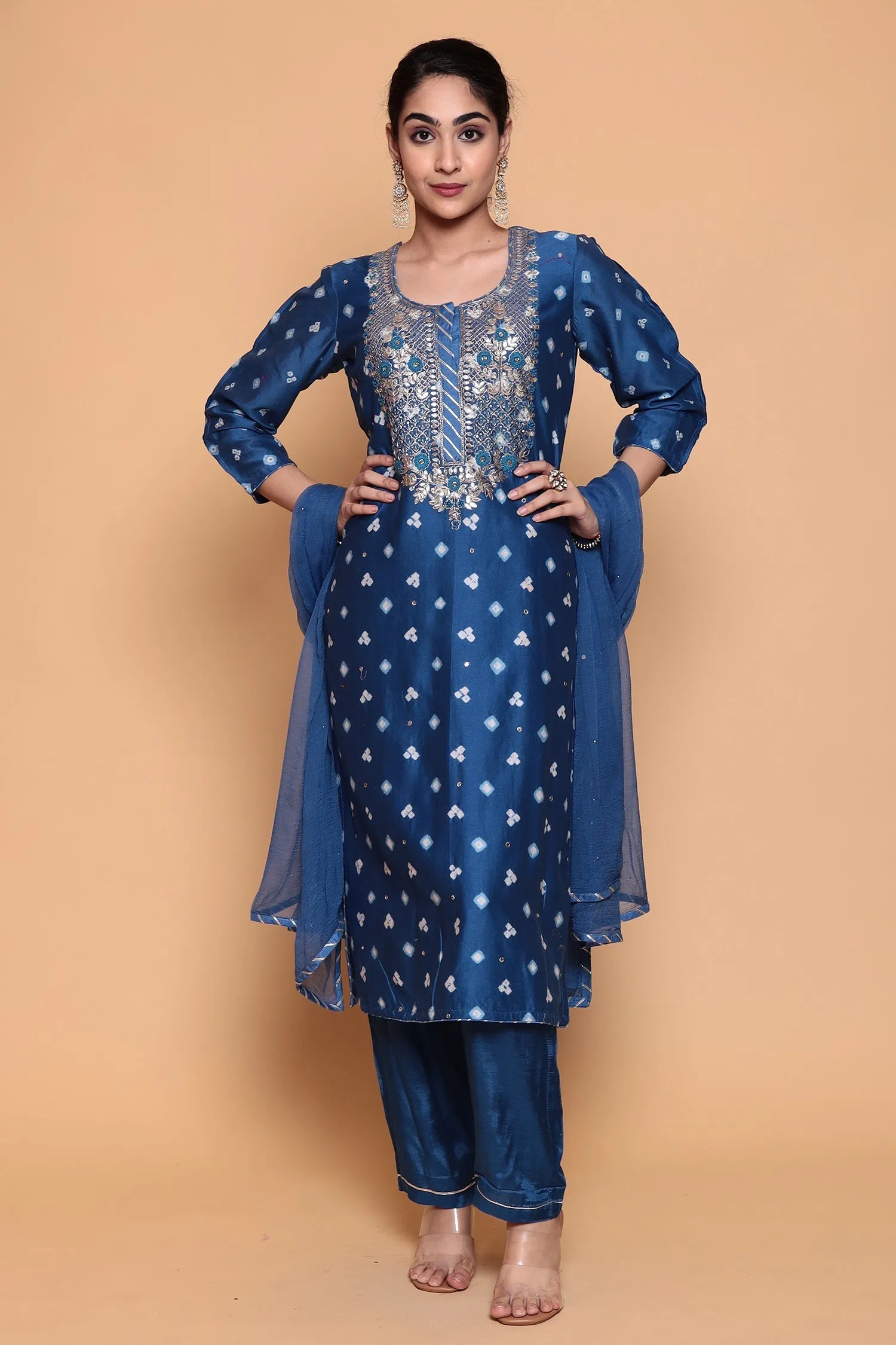 Bandhej Chanderi Suit with Gota Patti work.