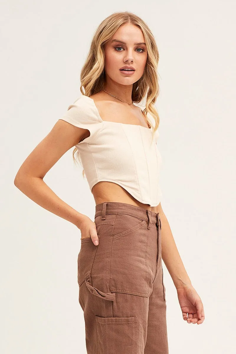 Beige Corset Crop Top Short Sleeve Square Neck