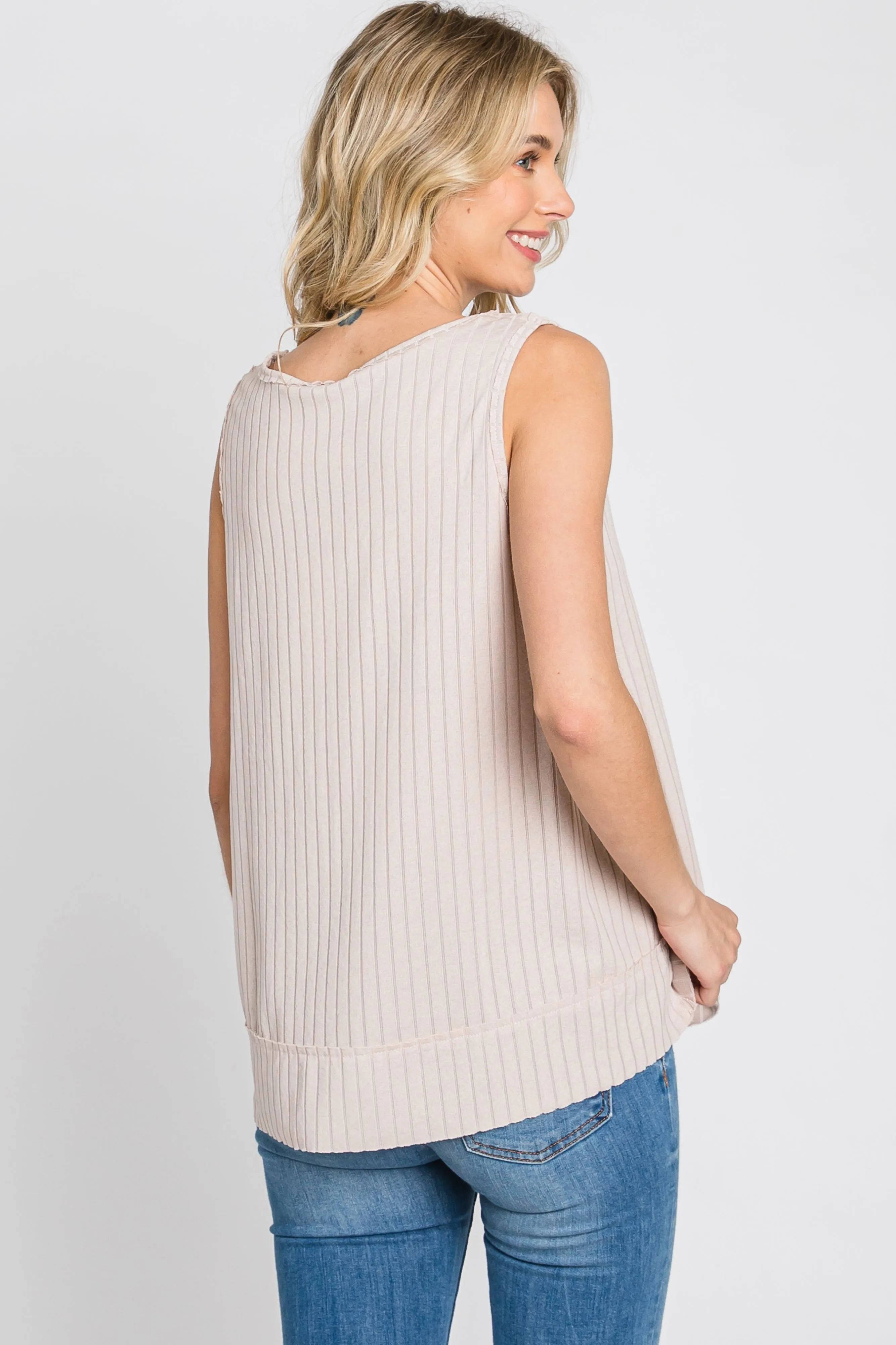 Beige Ribbed Raw Hem Tank Top