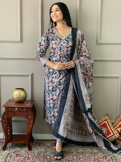 Black Floral Print Cotton Afghani Style Suit Set