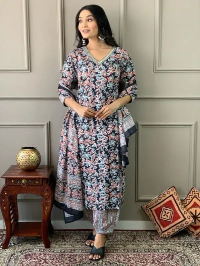 Black Floral Print Cotton Afghani Style Suit Set