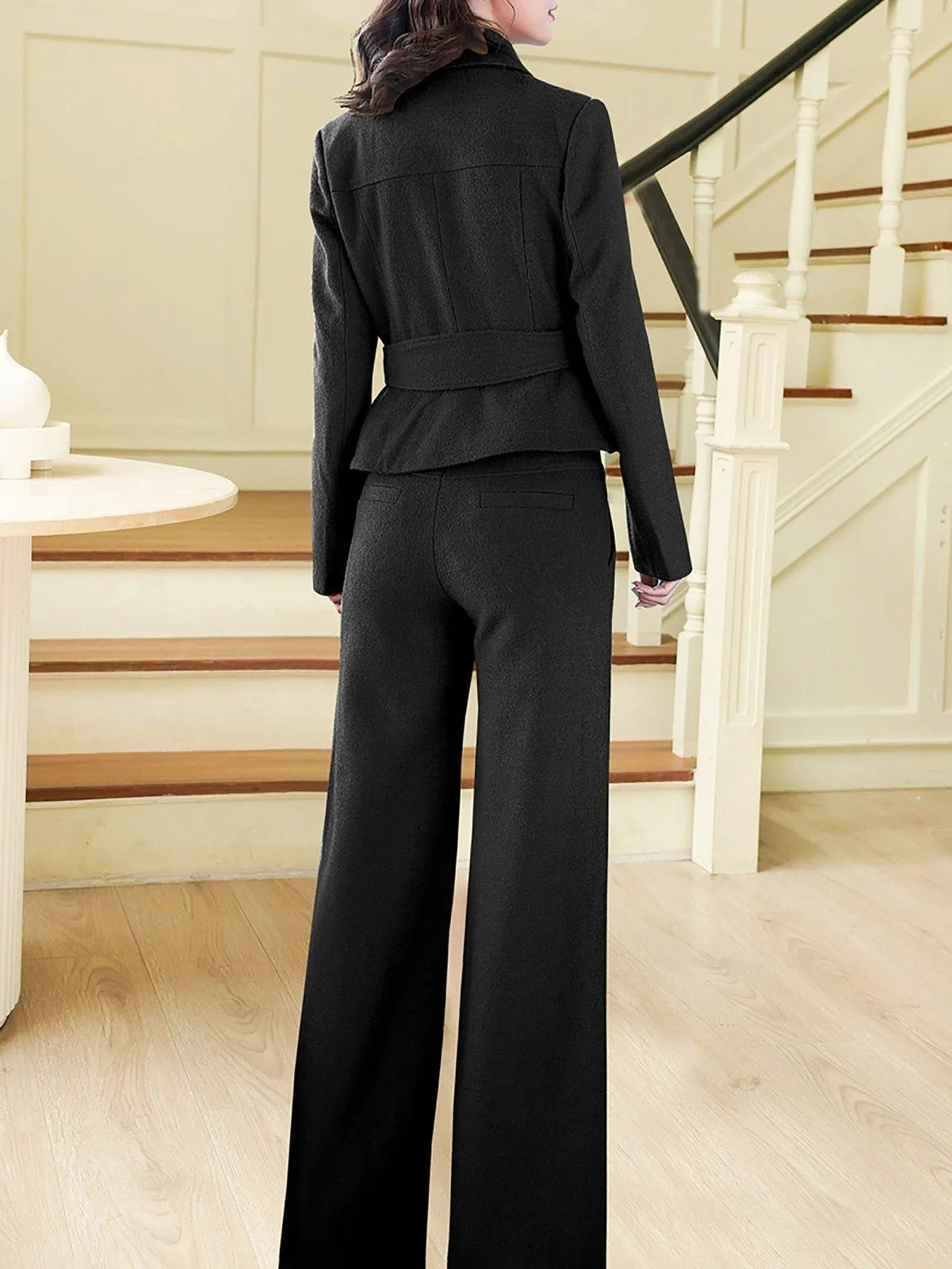 Black Wool Blend Belted Jacket & Wide Leg Pants Two-Piece Set