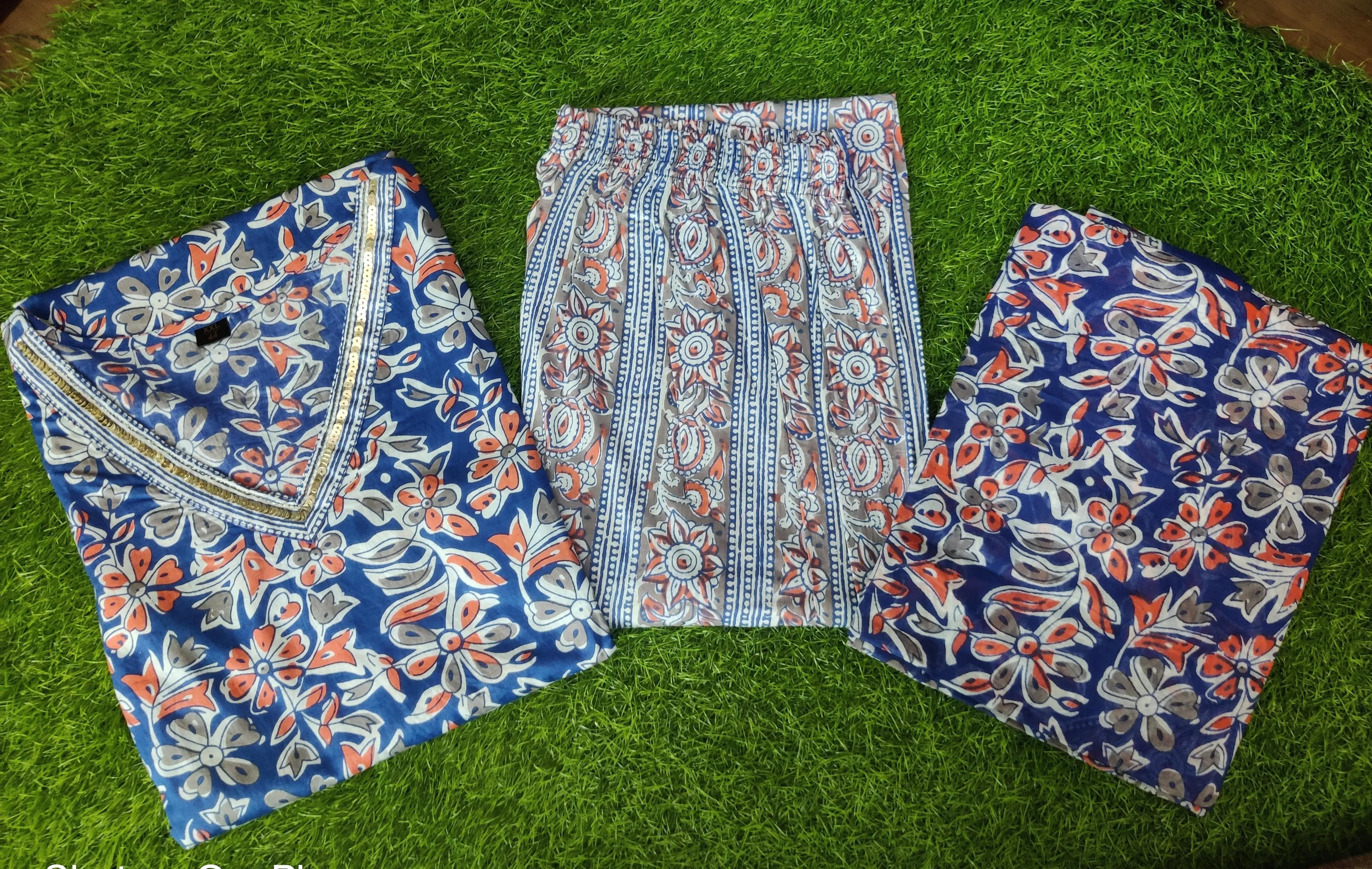 Blue Floral Print Cotton Afghani Style Suit Set