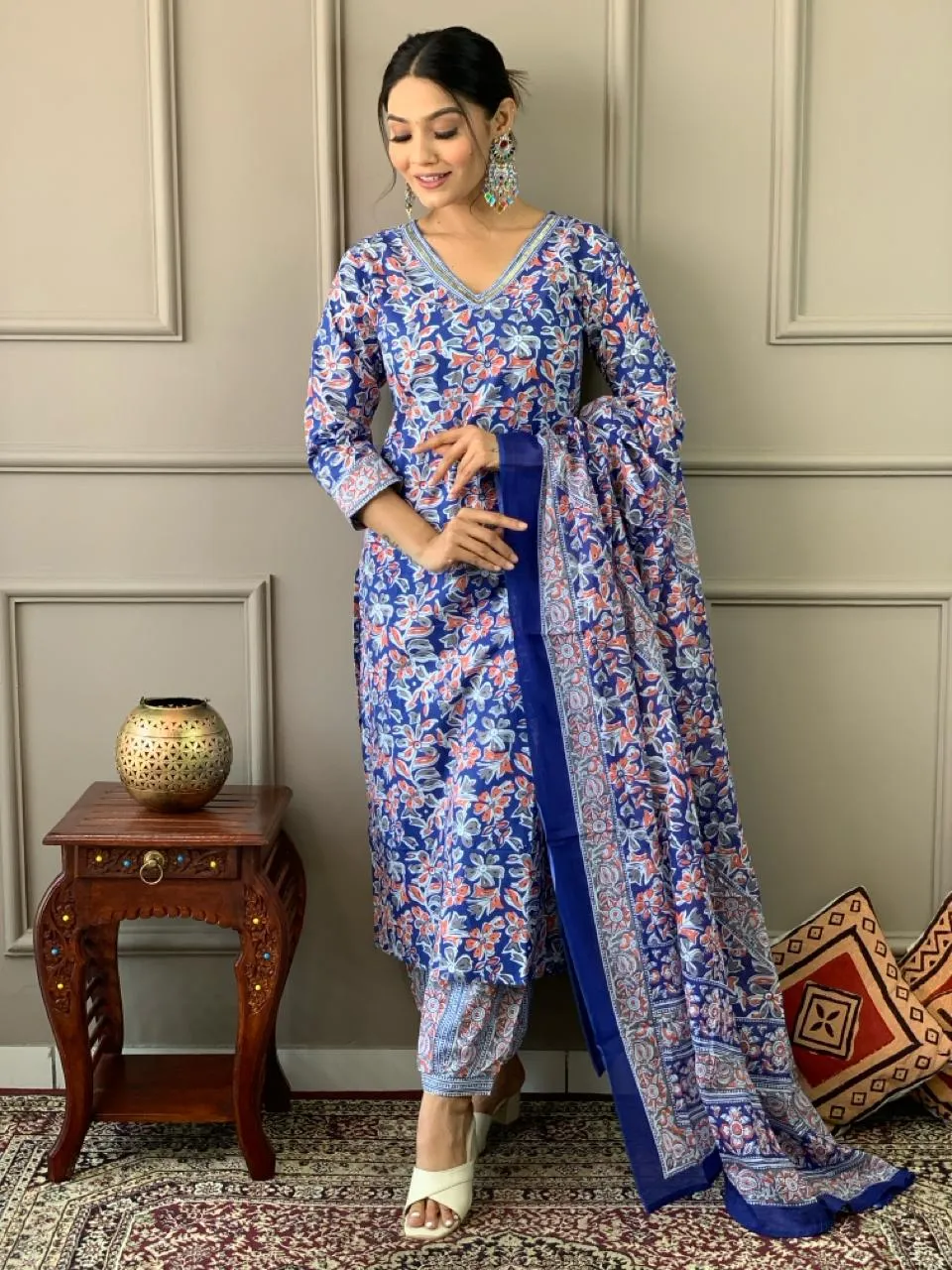 Blue Floral Print Cotton Afghani Style Suit Set