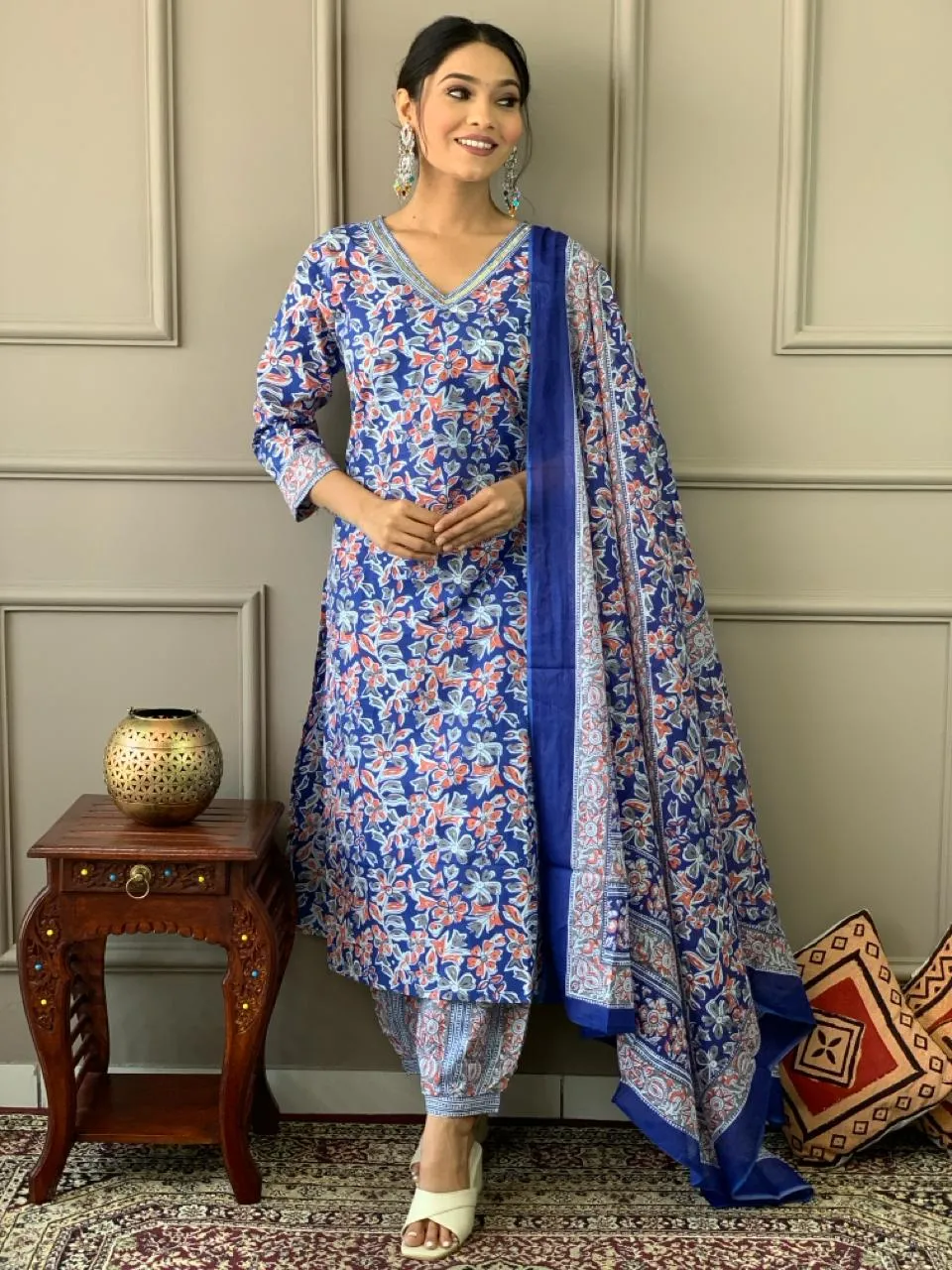 Blue Floral Print Cotton Afghani Style Suit Set