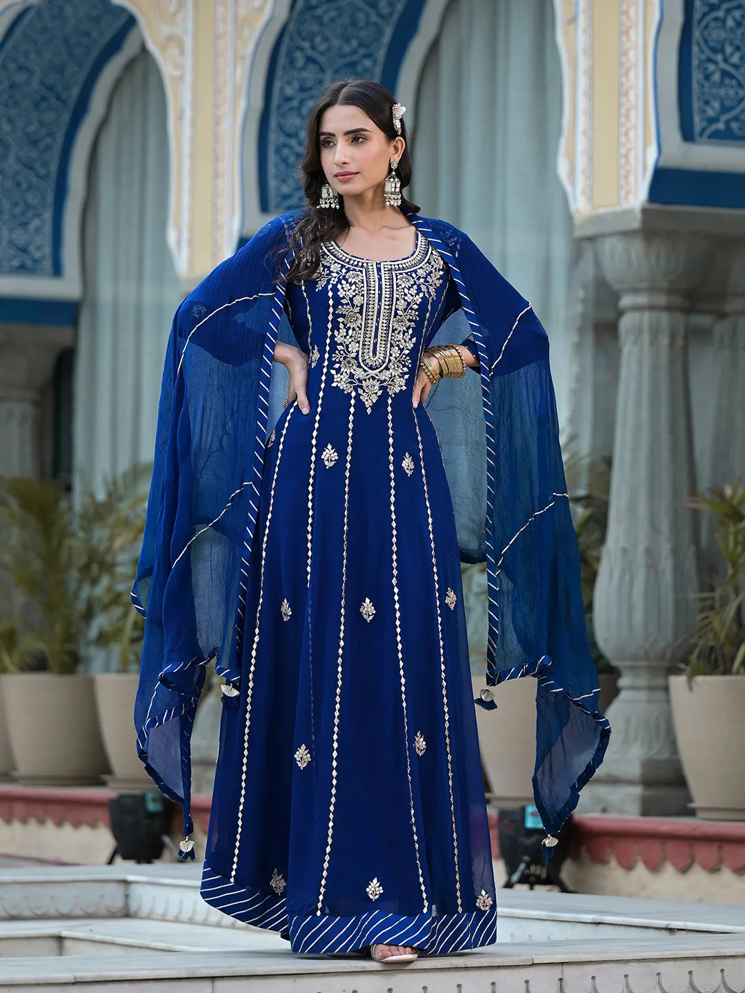 Blue Gota Patii work Georgette Long Kurta with Shantoon Lining with Dupatta