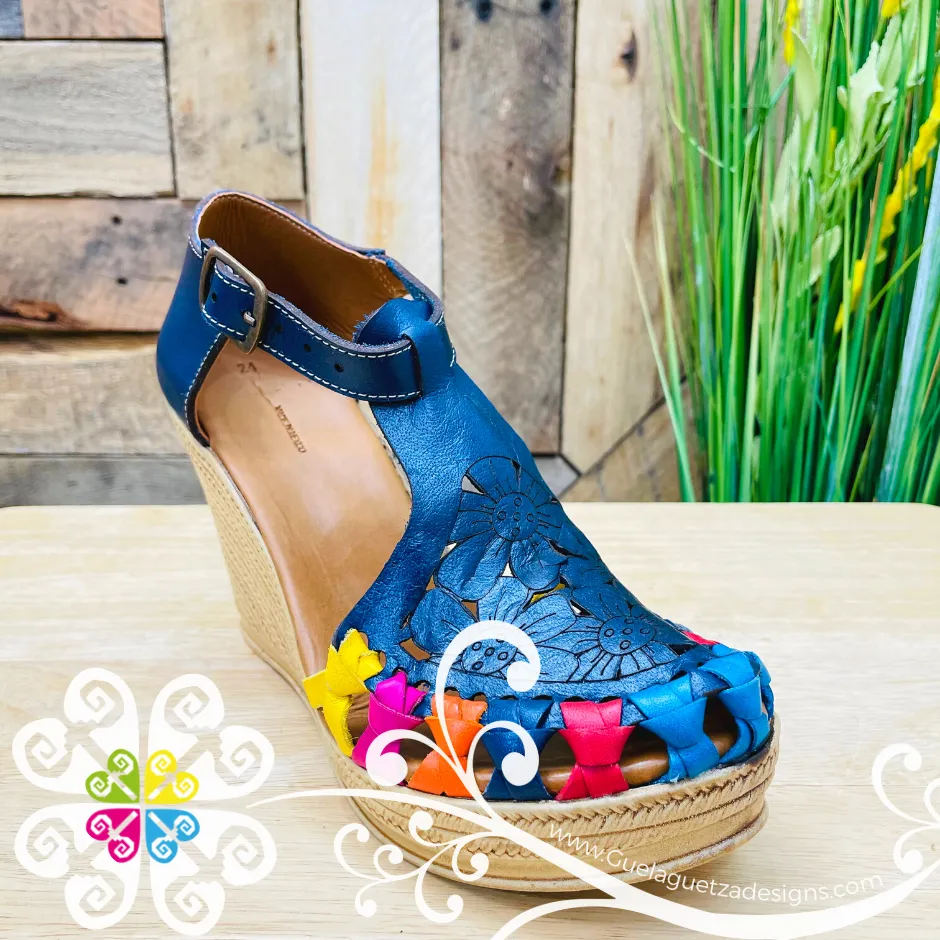 Blue with Stamping Flowers Wedges Women Shoes