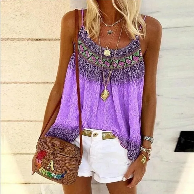 Boho Floral Strap Tank Tops