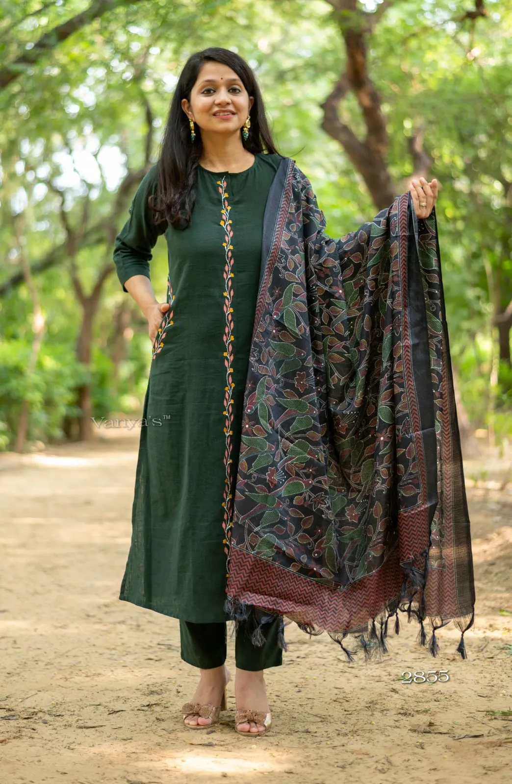 Bottle Green  Embroidery Cotton Salwar Suit with Dupatta