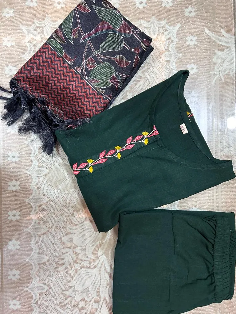 Bottle Green  Embroidery Cotton Salwar Suit with Dupatta