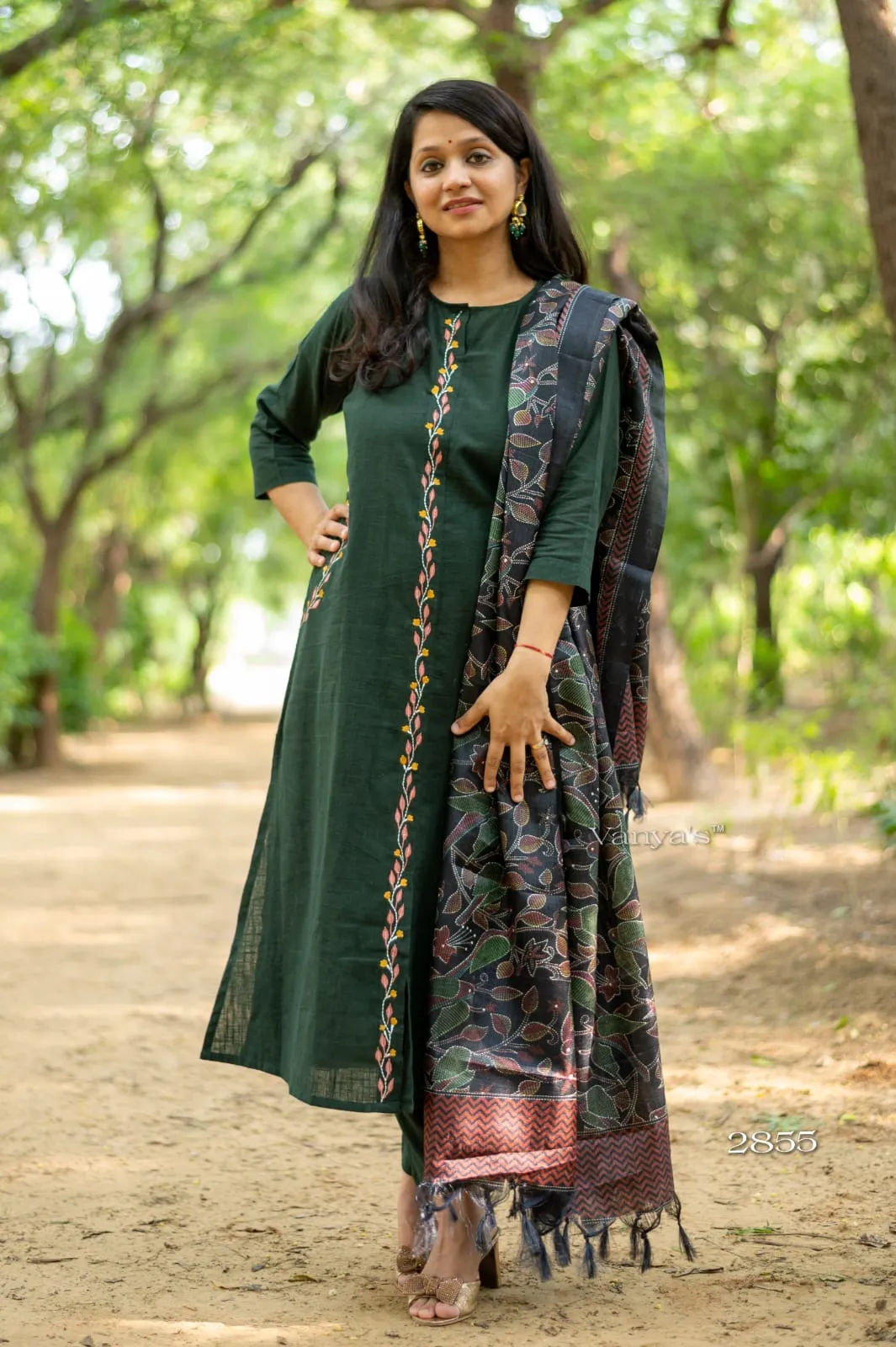 Bottle Green  Embroidery Cotton Salwar Suit with Dupatta