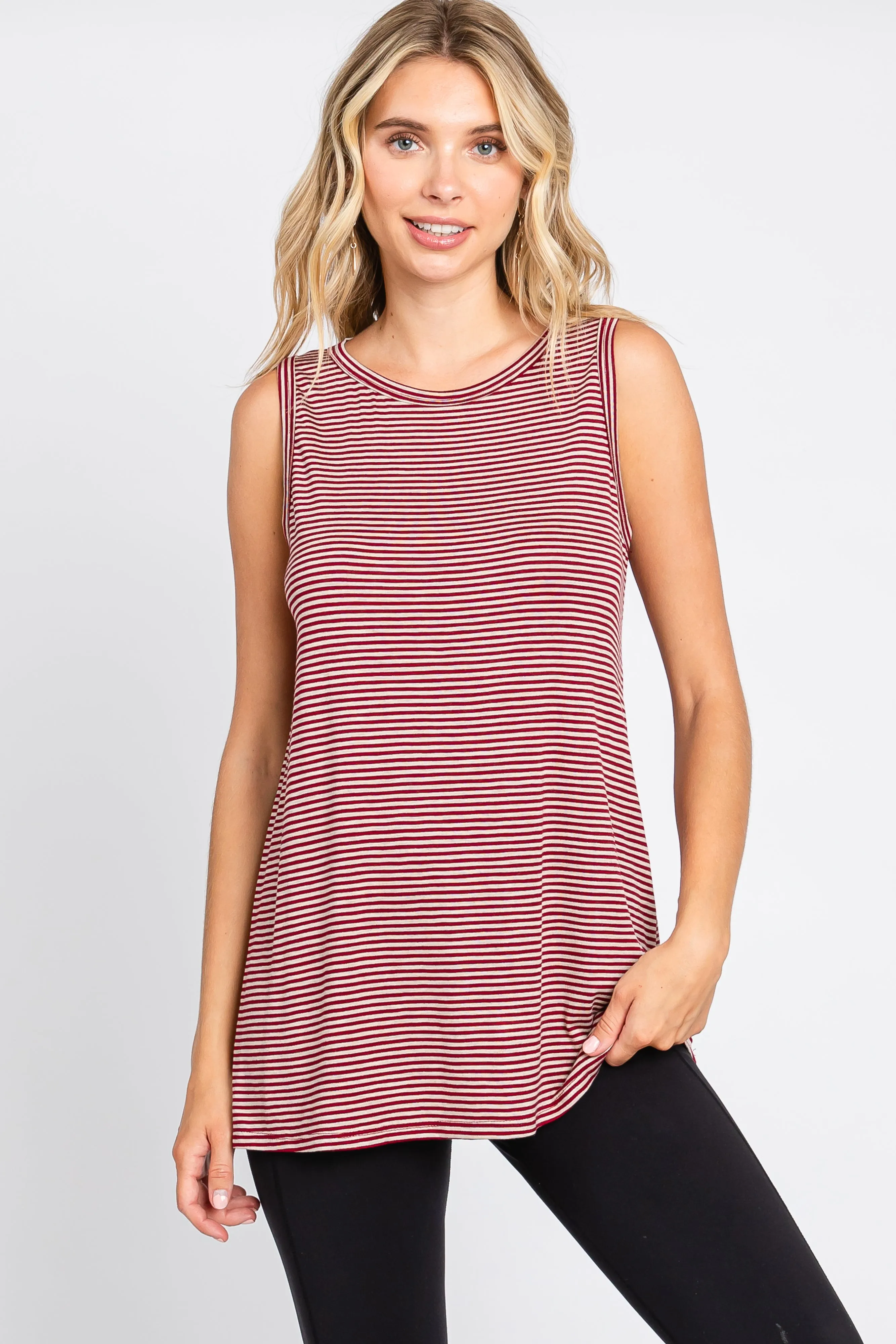 Burgundy Striped Sleeveless Maternity Tank Top