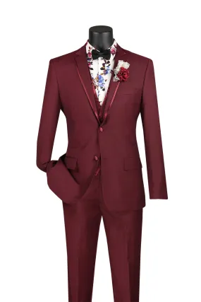 Burgundy Trimmed Lapel Slim Fit 3 Piece Suit