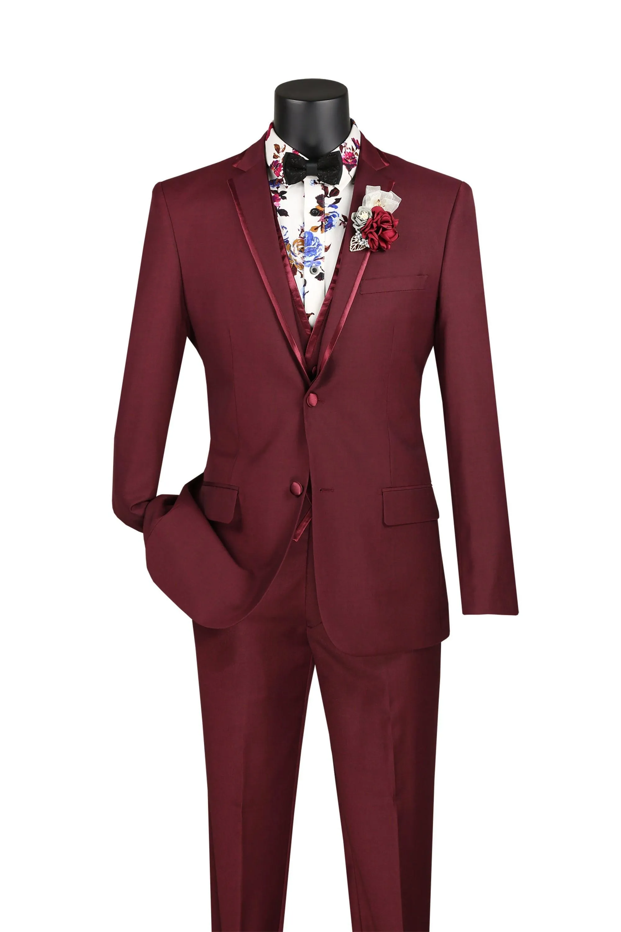 Burgundy Trimmed Lapel Slim Fit 3 Piece Suit