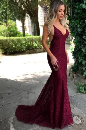 Burgundy Trumpet Court Train Deep V Neck Sleeveless Backless Lace Prom Dresses