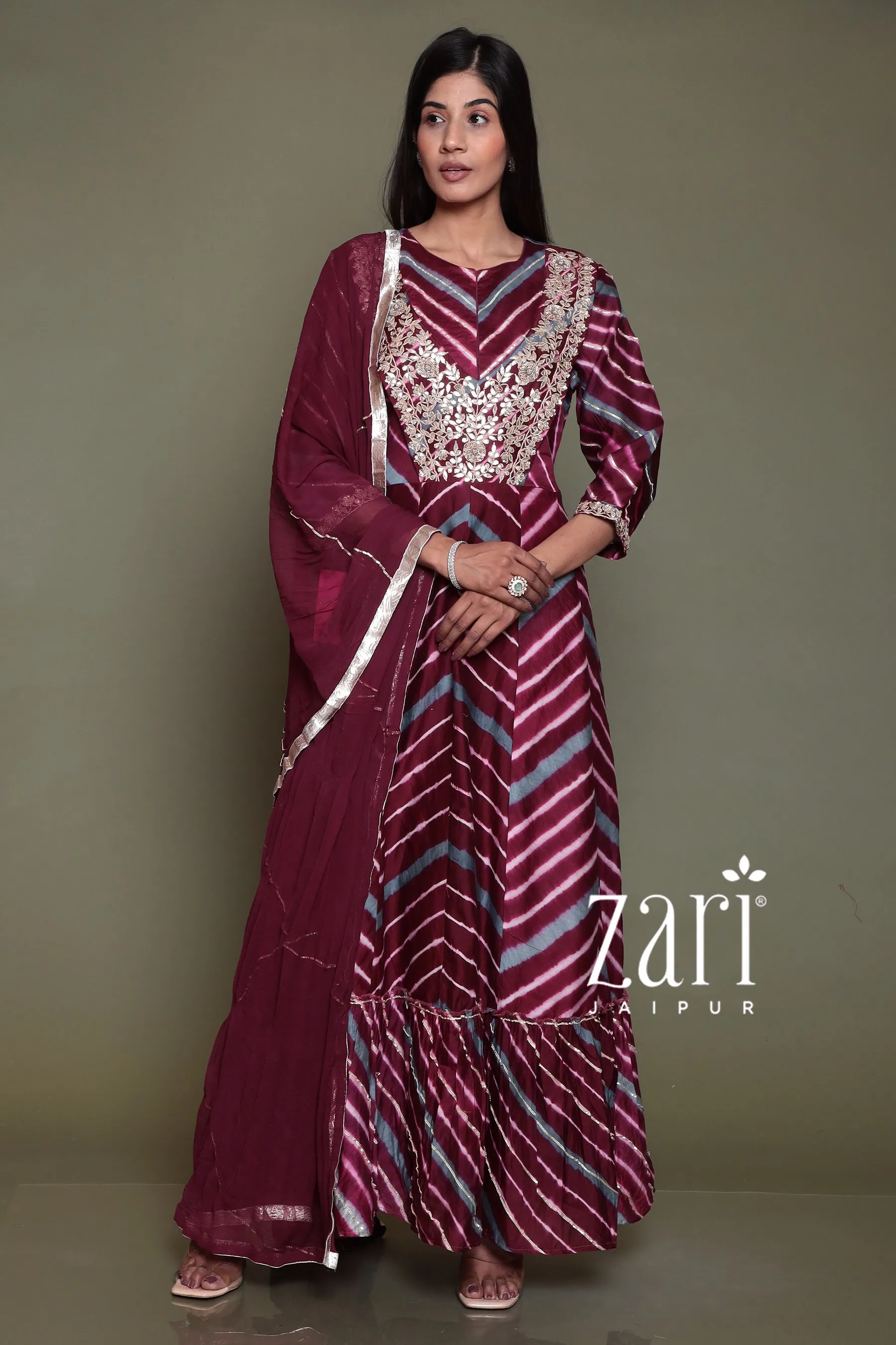 Chanderi silk Leheriya Suit with Aari, Gota Patti, Sequins, Thread, Zardozi work.