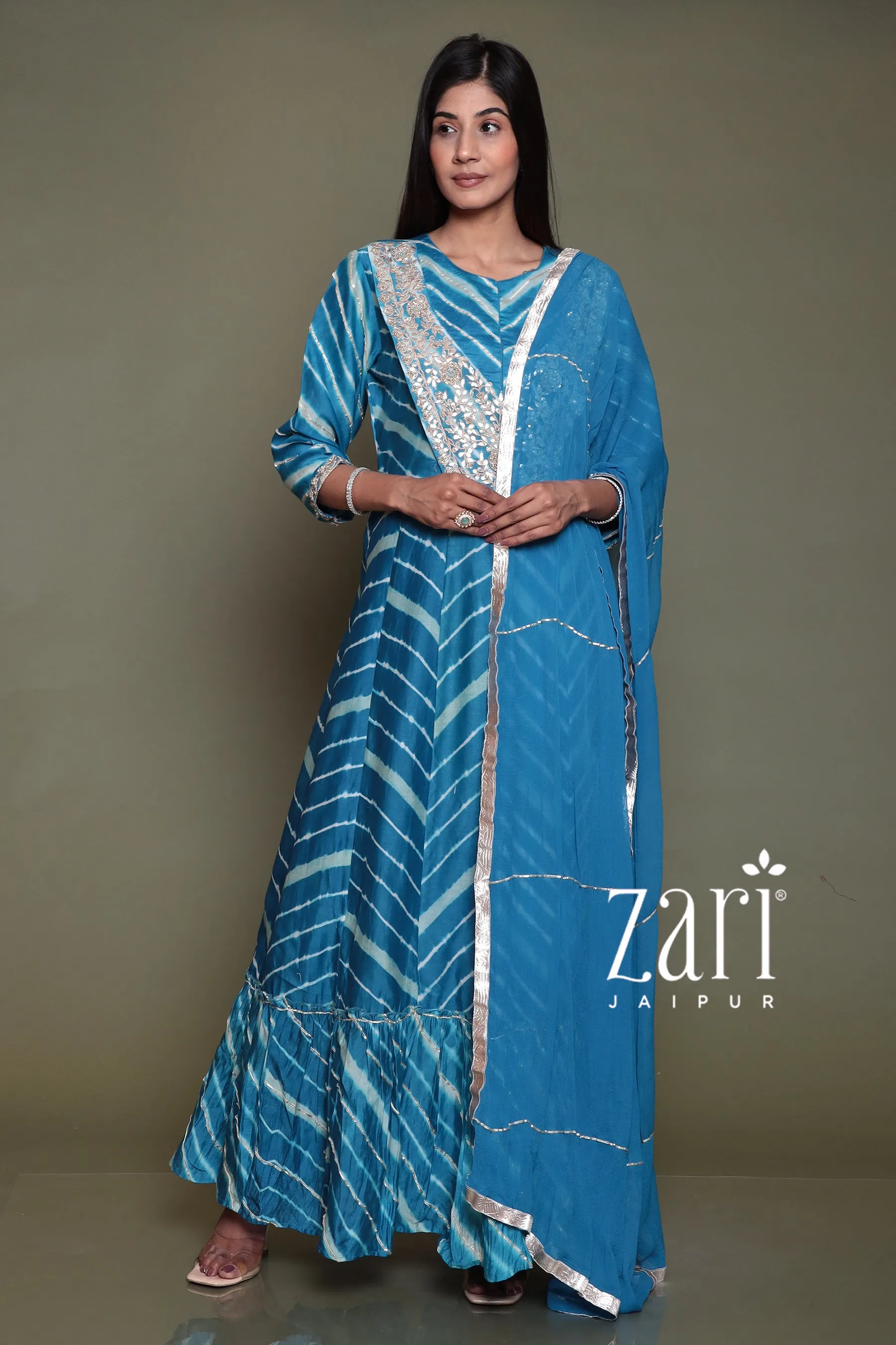 Chanderi silk Leheriya Suit with Aari, Gota Patti, Sequins, Thread, Zardozi work.