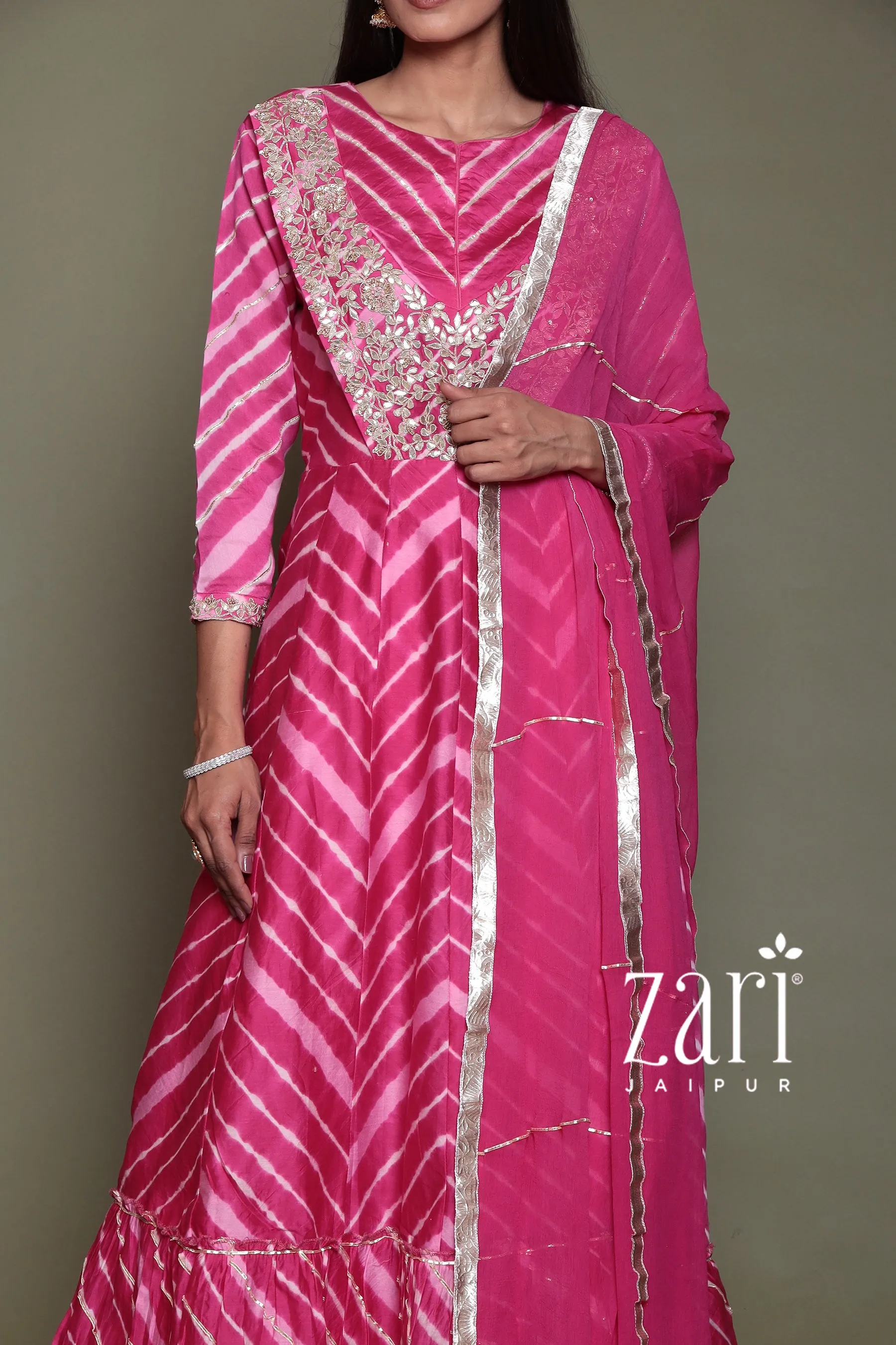 Chanderi silk Leheriya Suit with Aari, Gota Patti, Sequins, Thread, Zardozi work.